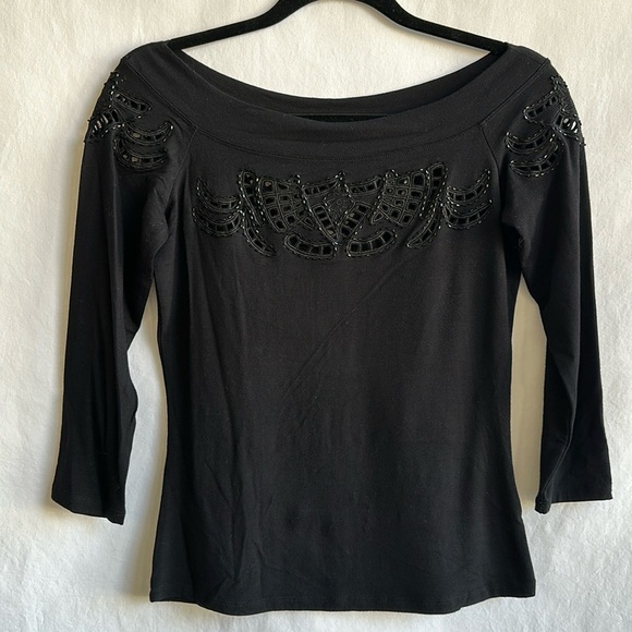 Cache black boatneck top with beading and cutouts, size S - Picture 1 of 9
